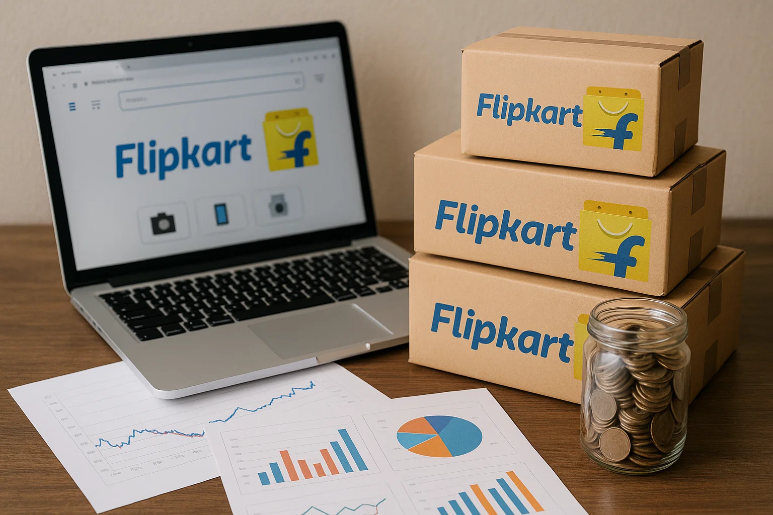Laptop with Flipkart website, stacked Flipkart boxes, financial charts, and jar of coins on desk.