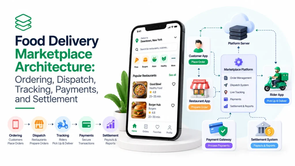 Food delivery marketplace architecture connecting ordering, dispatch, tracking, payments, restaurants, riders, and settlement systems