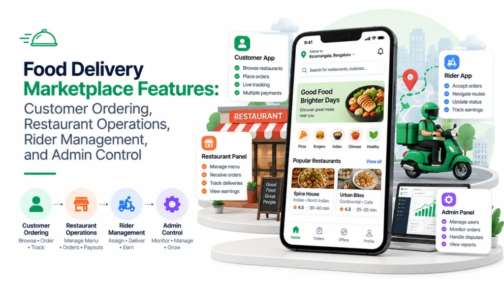 Food delivery marketplace features including customer ordering, restaurant operations, rider management, payments, live tracking, and admin control