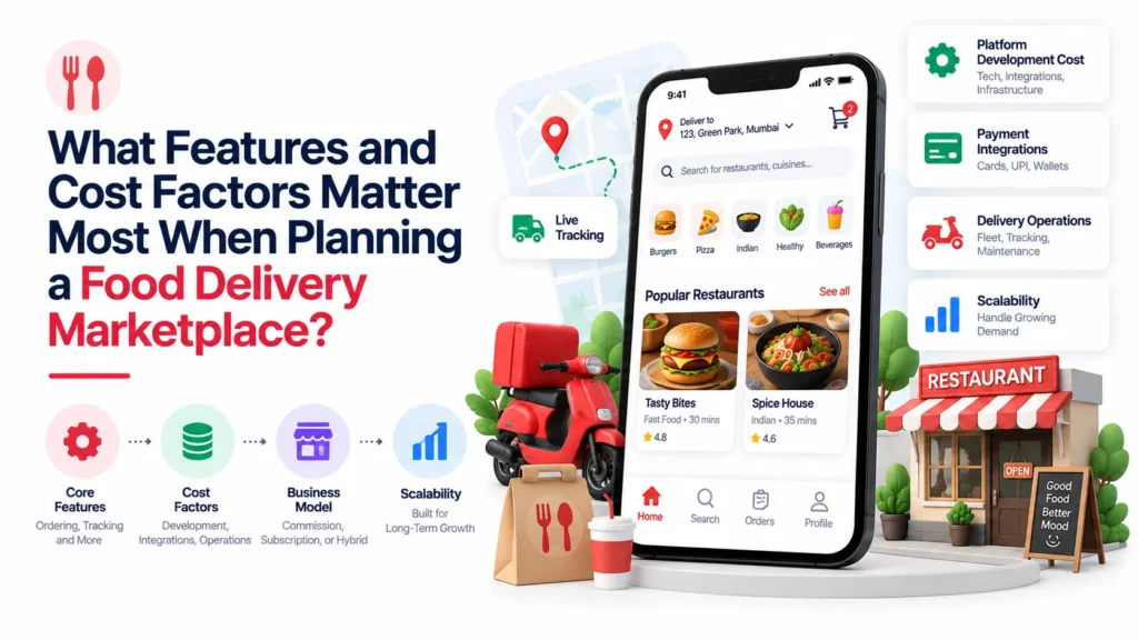 Food delivery marketplace features and cost factors including live tracking, payment integrations, delivery operations, scalability, and development cost