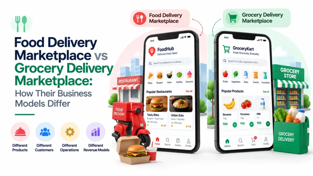 Food delivery marketplace vs grocery delivery marketplace showing differences in products, customers, operations, and revenue models