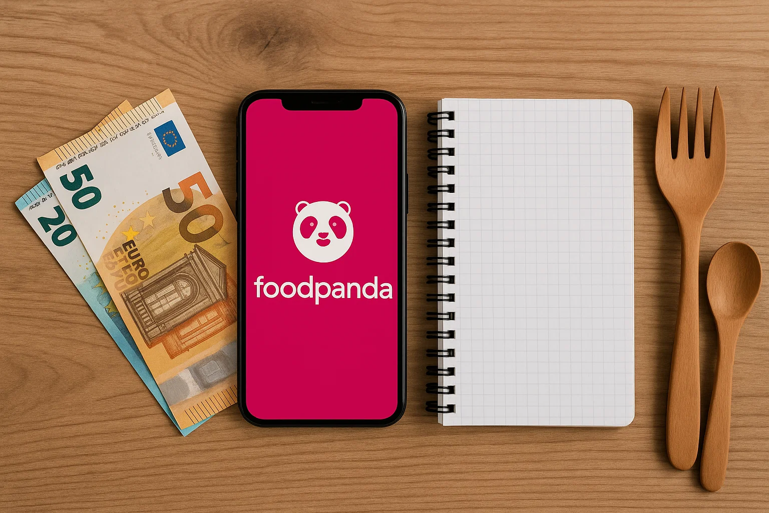 Smartphone displaying Foodpanda logo placed between euro currency, notebook, and wooden utensils.