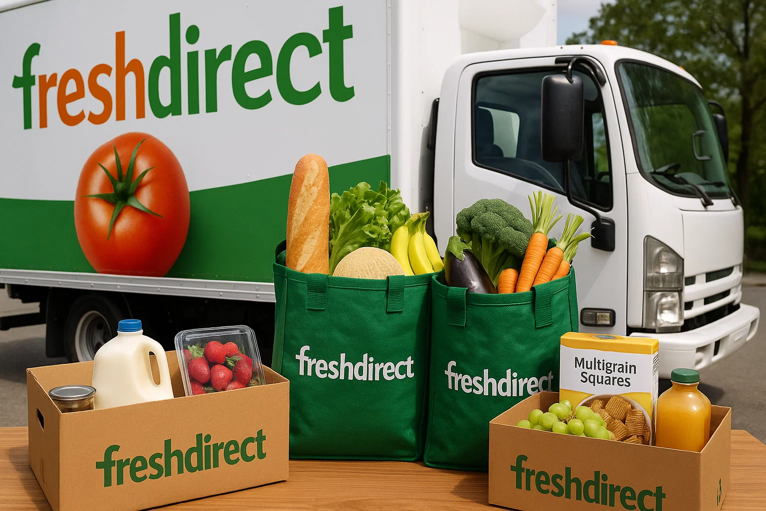 FreshDirect delivery truck with grocery bags and boxes filled with fresh produce, milk, and packaged food.