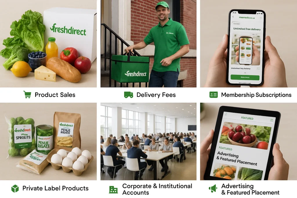Infographic showing FreshDirect’s revenue model including product sales, delivery fees, membership subscriptions, private label products, corporate accounts, and featured advertising placements.