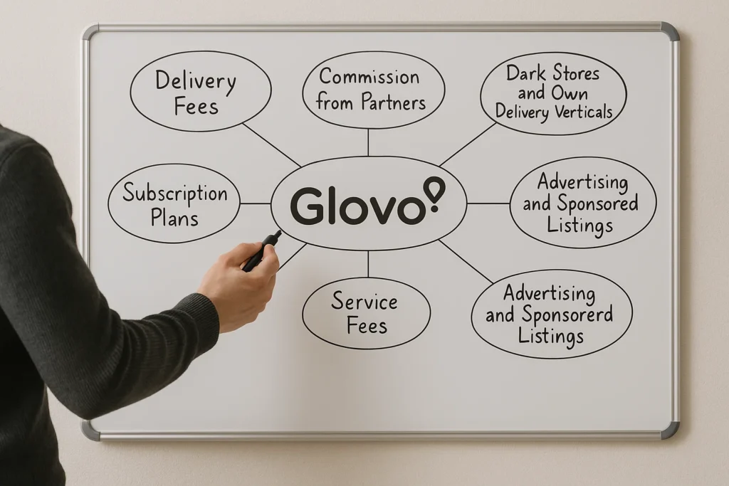 Person drawing Glovo's revenue model on a whiteboard with labeled sources like delivery fees, service fees, advertising, and subscription plans.