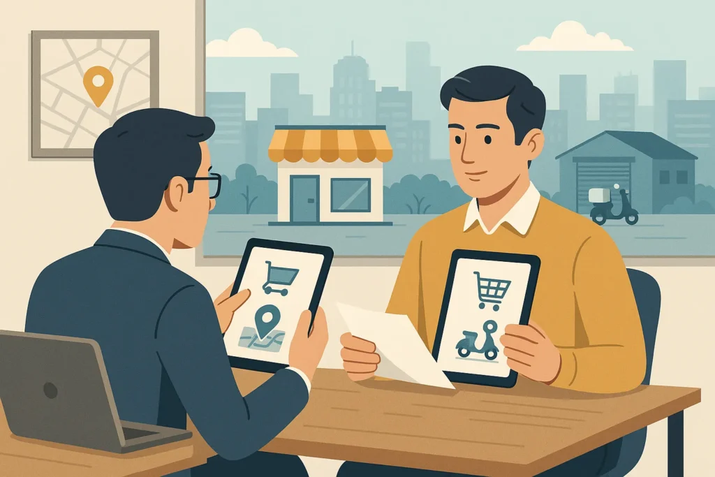 Two entrepreneurs analyzing delivery app models using tablets in a modern workspace