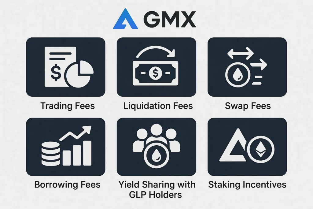 "GMX revenue model with trading, liquidation, swap, borrowing fees, yield sharing, and staking incentives"
