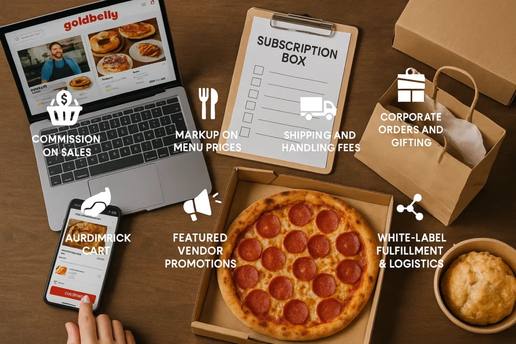 Goldbelly revenue streams illustrated with pizza box, mobile cart, laptop, subscription form, and icons highlighting sales commissions, shipping, and corporate gifting.