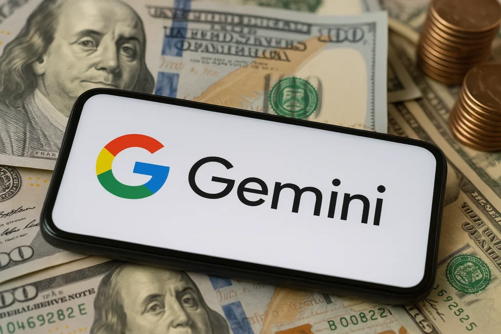 "Google Gemini logo displayed on smartphone surrounded by US dollar bills and coins"