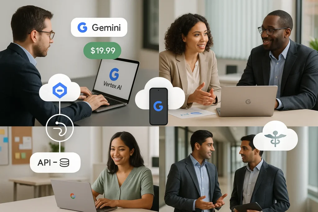 People using laptops with Google Gemini, Vertex AI, and API cloud icons representing enterprise AI integration
