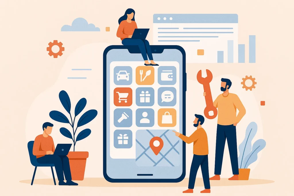 Illustration of people interacting with a mobile super app interface showing icons for ride, food, wallet, and delivery services—representing Gozek app features