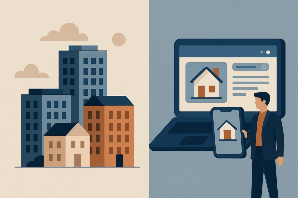 Illustration comparing traditional property development and digital real estate platforms