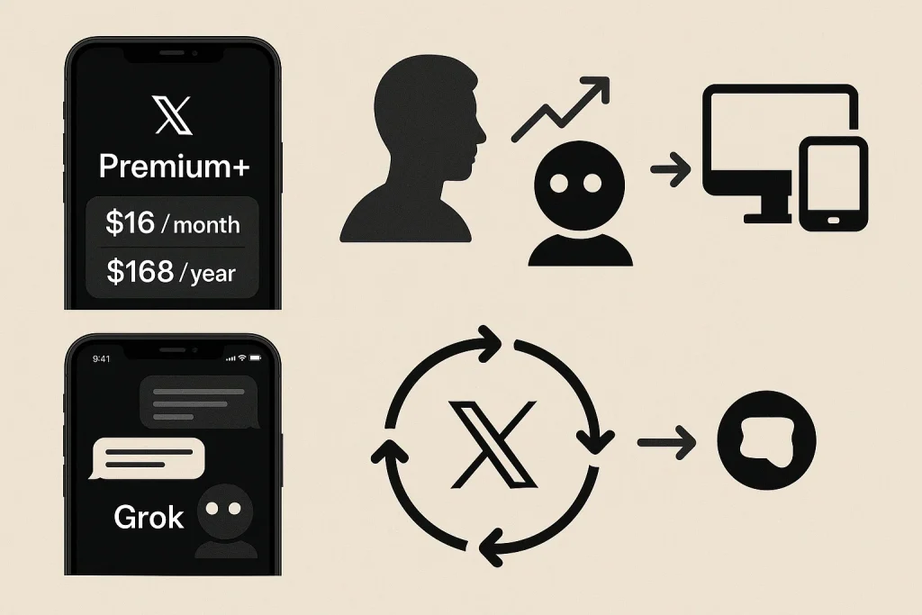 Infographic showing Grok chatbot and X Premium+ pricing model with user interaction and monetization