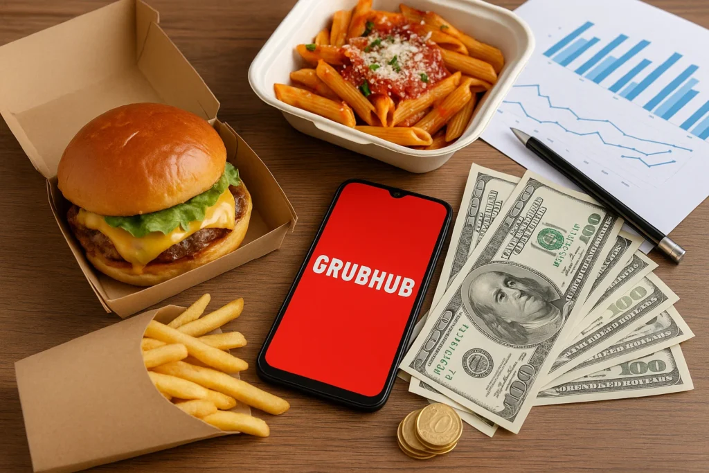 Smartphone with Grubhub app displayed beside burger, fries, pasta, money, coins, and analytics chart.