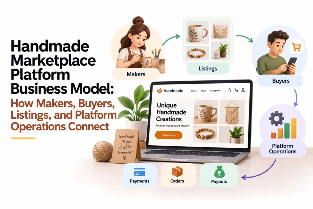 Handmade marketplace business model connecting makers, buyers, listings, payments, orders, payouts, and platform operations