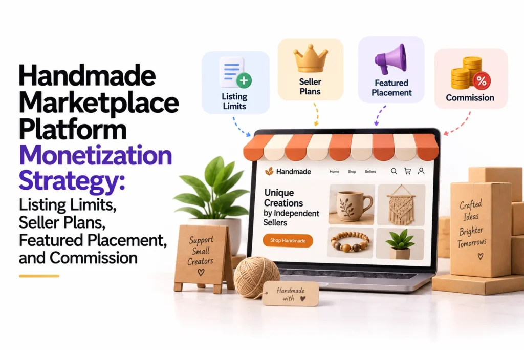 Handmade marketplace monetization strategy showing listing limits, seller plans, featured placement, and commissions