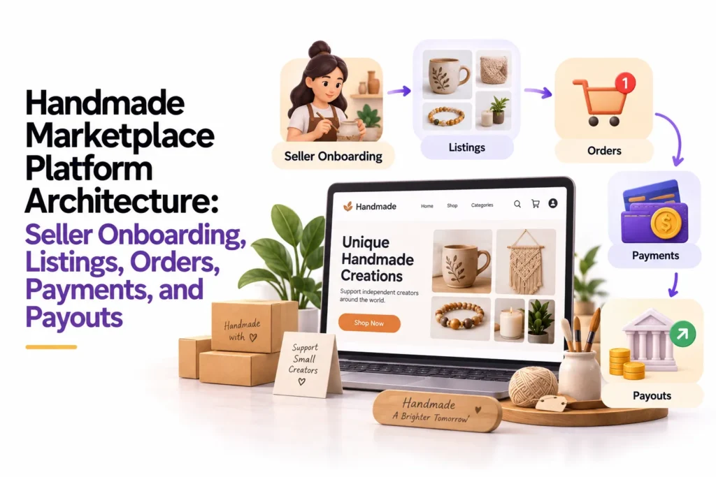 Handmade marketplace architecture connecting seller onboarding, product listings, orders, payments, and payouts