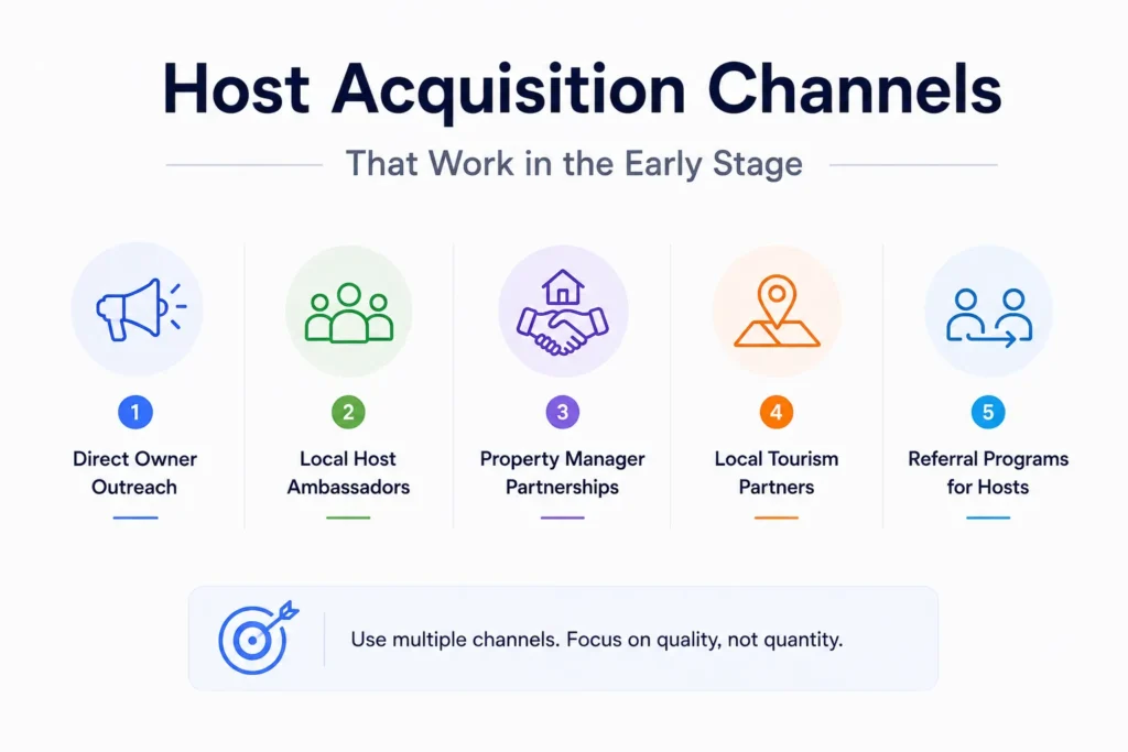 Host acquisition channels for early-stage rental marketplaces including direct outreach, ambassadors, property managers, tourism partners, and referrals.