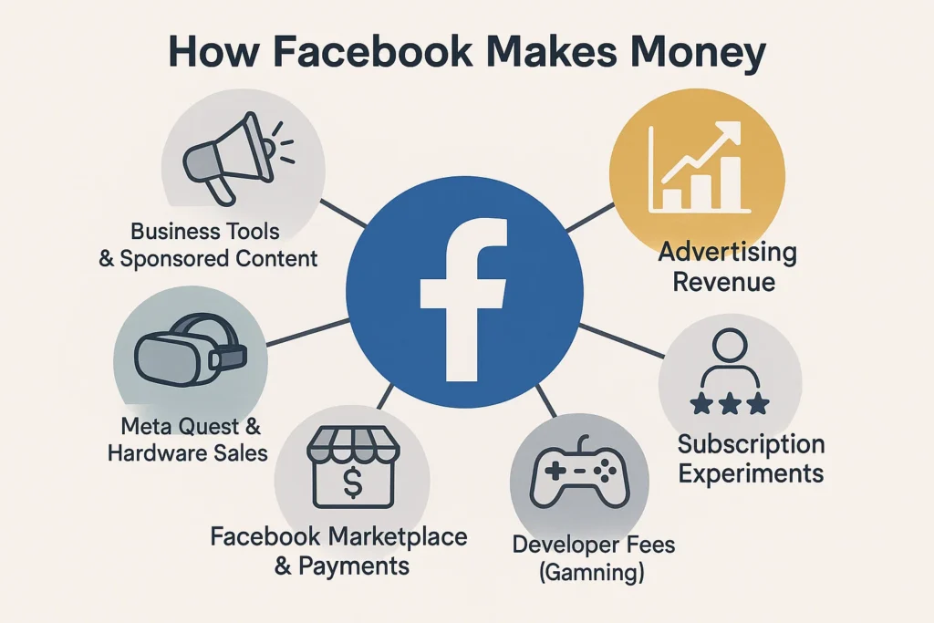 Diagram showing Facebook's revenue sources including advertising, business tools, hardware, subscriptions, and marketplace.