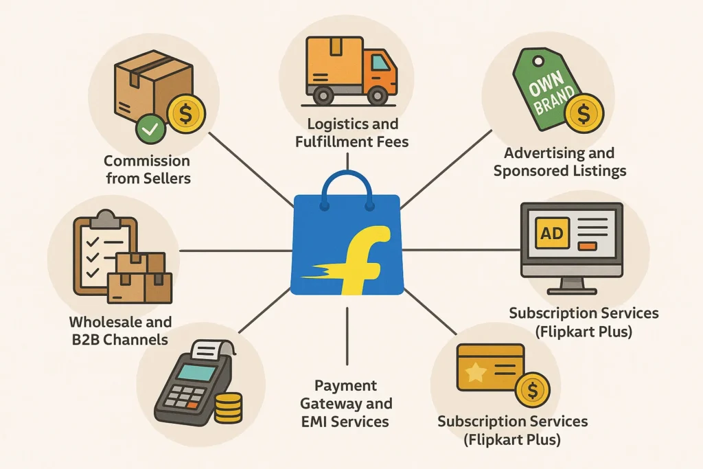 Infographic showing Flipkart’s revenue channels including commissions, logistics, ads, and subscriptions.