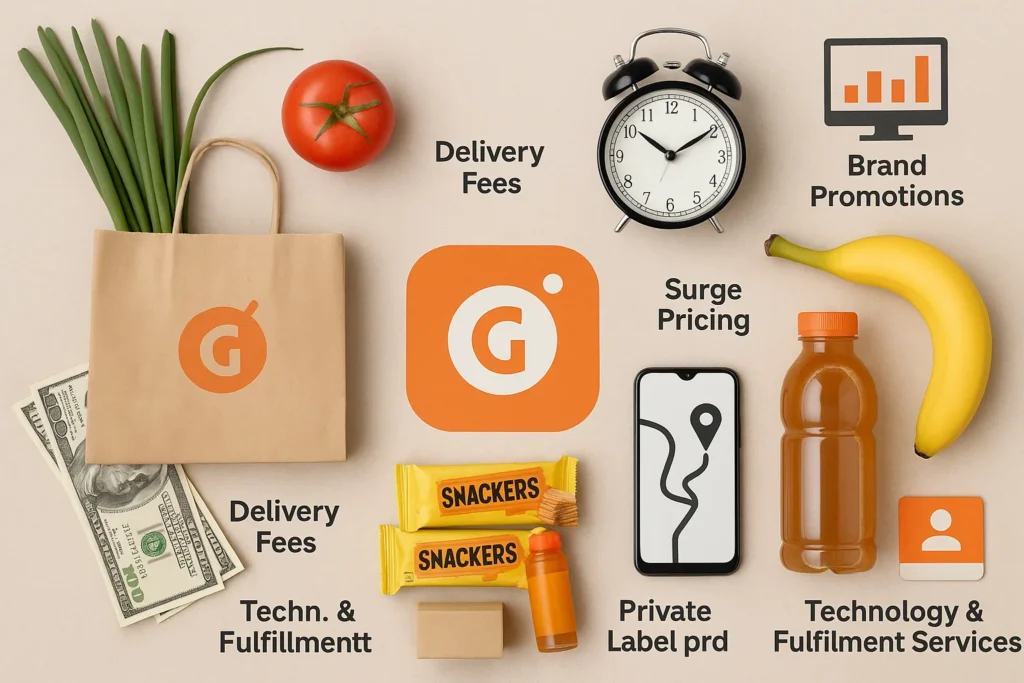 Infographic of Grofers revenue sources with food items, a smartphone, money, and delivery bag.