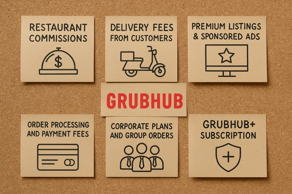 listing Grubhub’s revenue streams on a printed paper with icons .