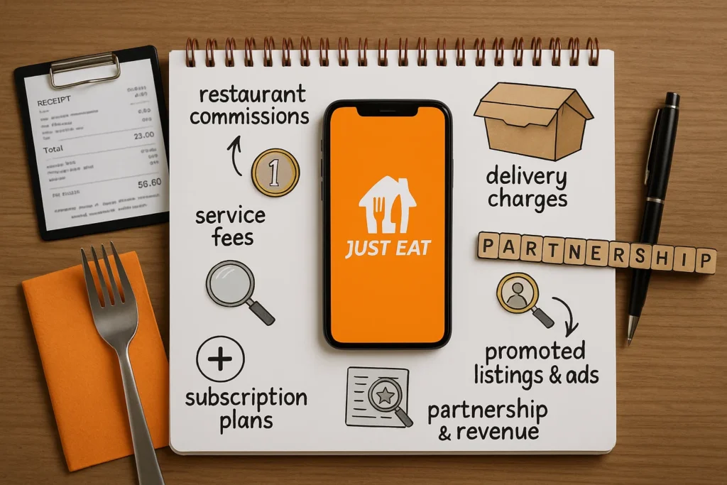 Infographic with a smartphone showing Just Eat logo, surrounded by revenue stream icons and text.