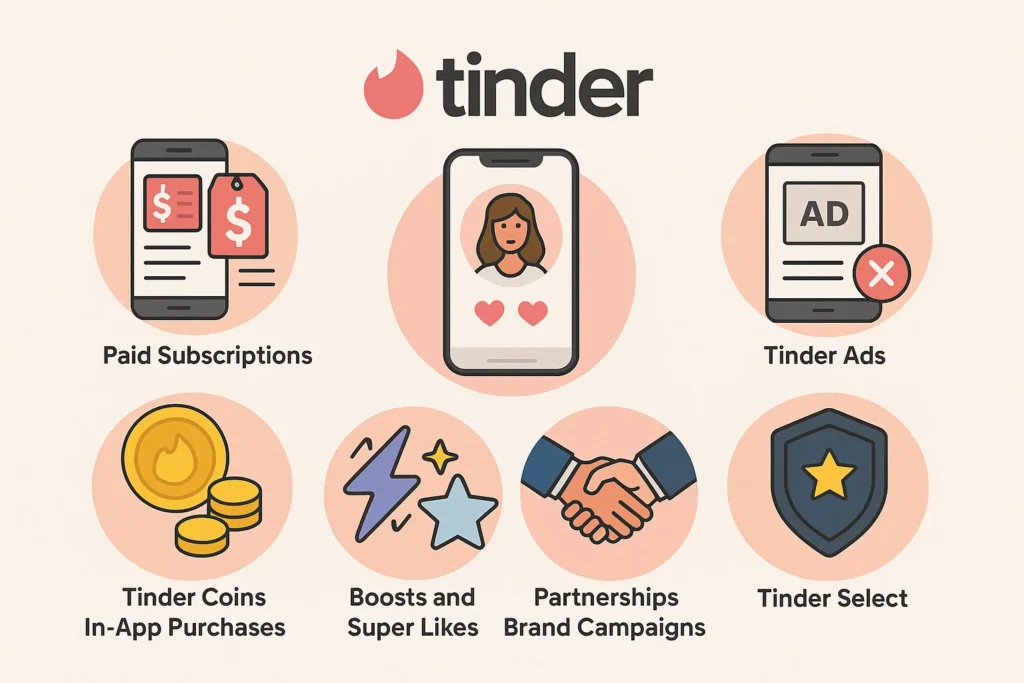 Infographic showing Tinder’s revenue sources: subscriptions, ads, in-app purchases, boosts, partnerships, and Tinder Select.
