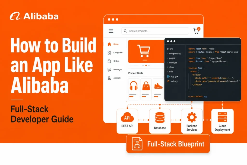 Alibaba-like marketplace app development architecture showing frontend interface, React codebase, REST APIs, database, backend services, and cloud deployment workflow.
