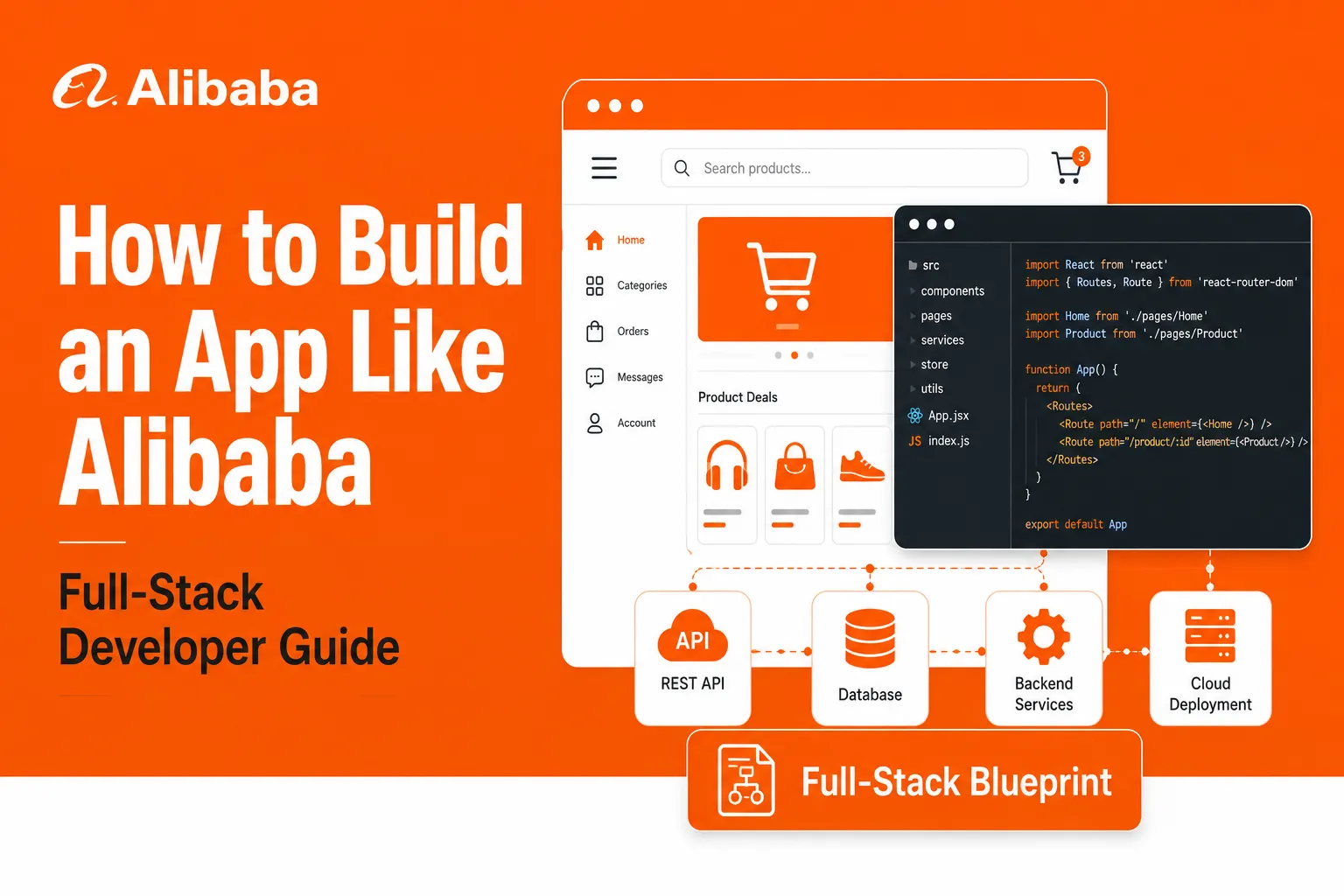 Alibaba-like marketplace app development architecture showing frontend interface, React codebase, REST APIs, database, backend services, and cloud deployment workflow.