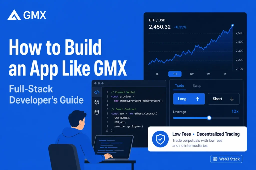 GMX decentralized trading app interface with ETH/USD chart, leverage trading options, and smart contract code for building a crypto trading platform
