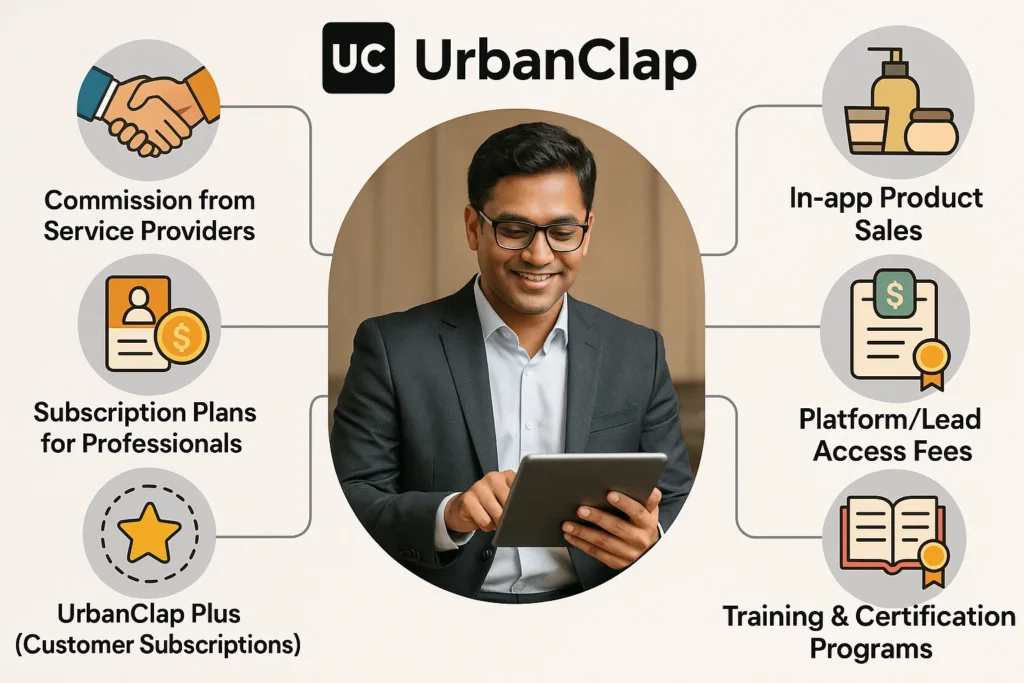 Infographic showing UrbanClap’s revenue sources with a man using a tablet in the center.