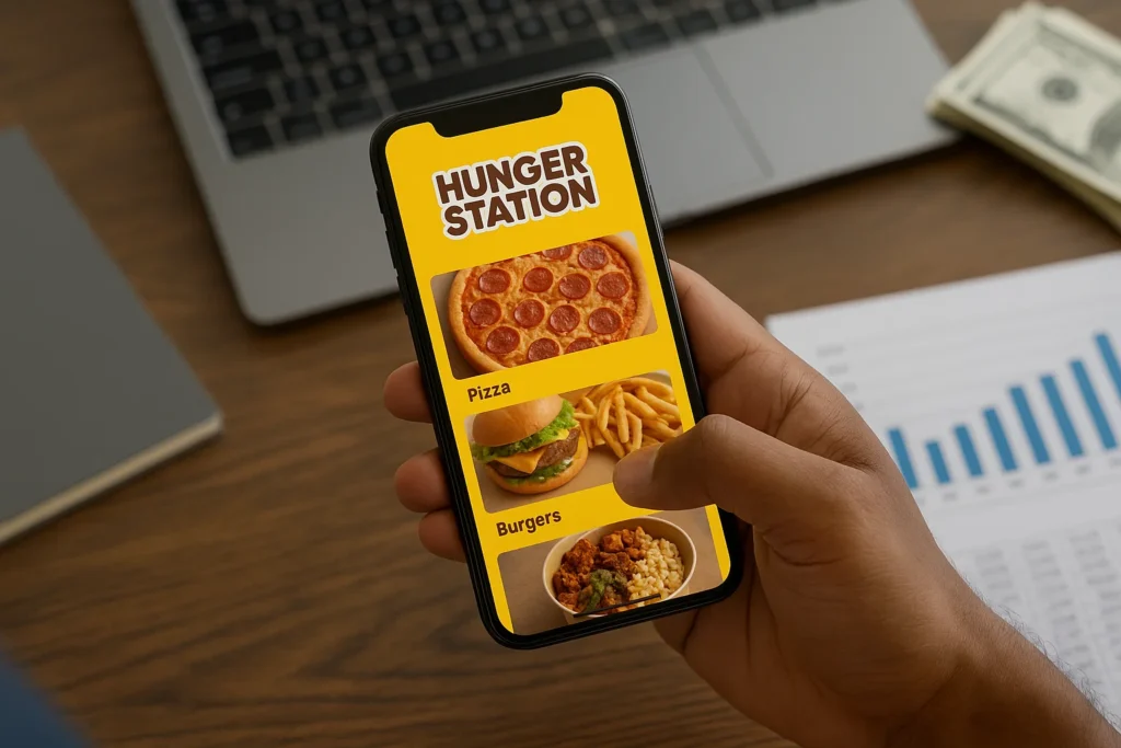 Hand holding smartphone displaying the Hunger Station food delivery app with pizza, burgers, and rice dish options.