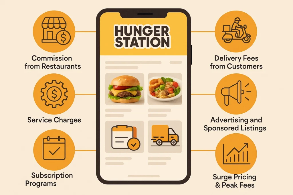 Illustration of Hunger Station app screen with burger and meal visuals surrounded by icons showing revenue sources like commissions, fees, and advertising.

