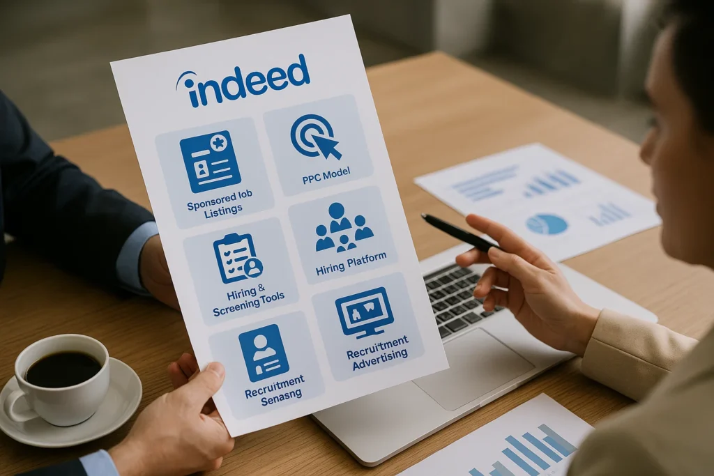Business professionals reviewing Indeed’s revenue model chart, showing income streams like sponsored job listings, PPC model, hiring tools, and recruitment advertising.

