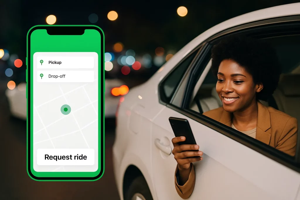 Illustration showing safety features in the inDrive app, like emergency contact sharing and driver profile ratings
