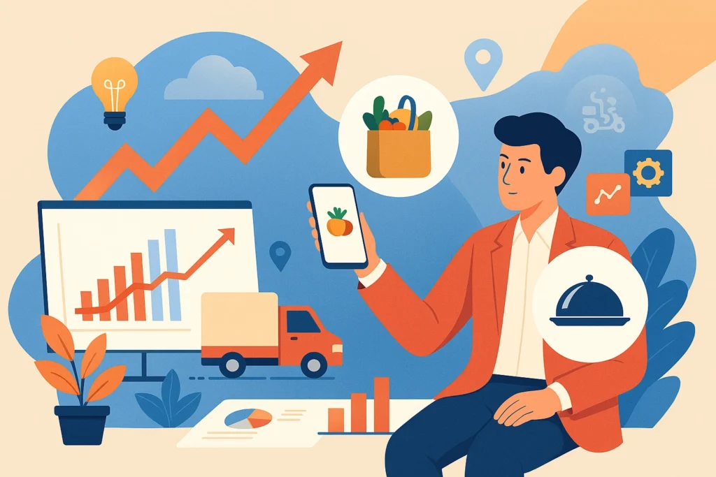 : Businessman comparing Instacart and UberEats business models using analytics and delivery icons
