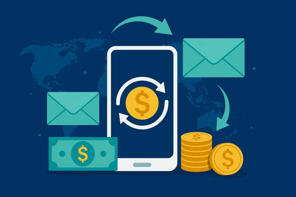 Illustration of international money transfer concept with smartphone, dollar sign, currency exchange arrows, and global elements on a blue background