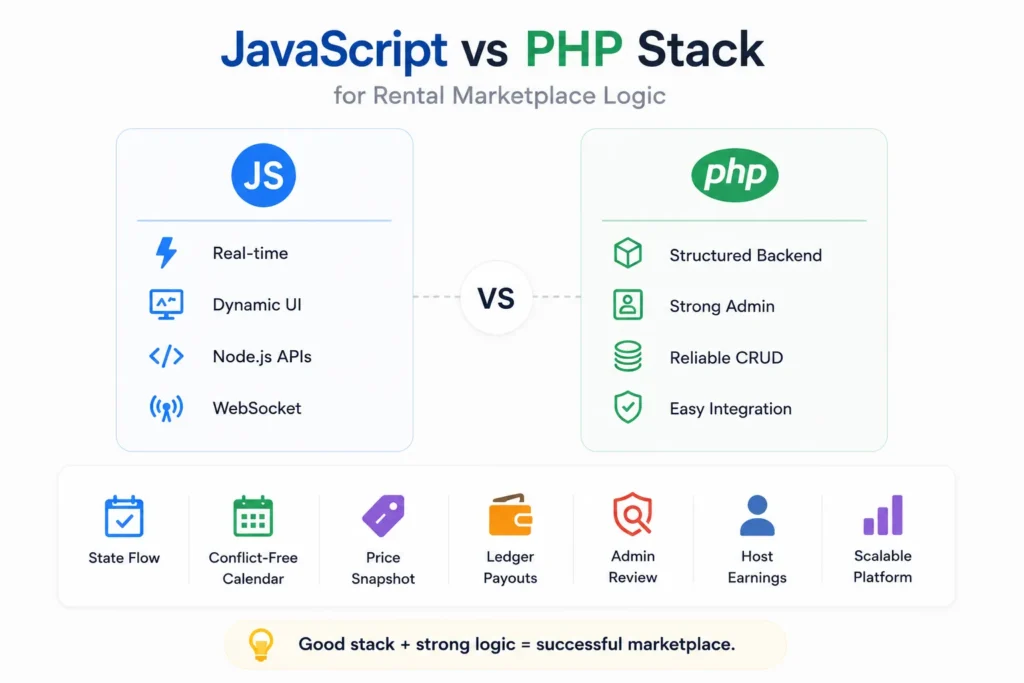 JavaScript vs PHP stack comparison for rental marketplace development, covering real-time features, backend structure, APIs, admin tools, and scalability.
