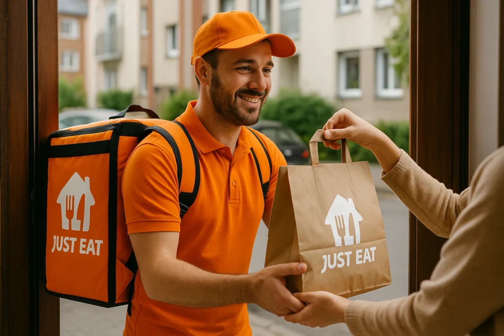 Smiling delivery man in orange uniform handing over a Just Eat food package to a customer.