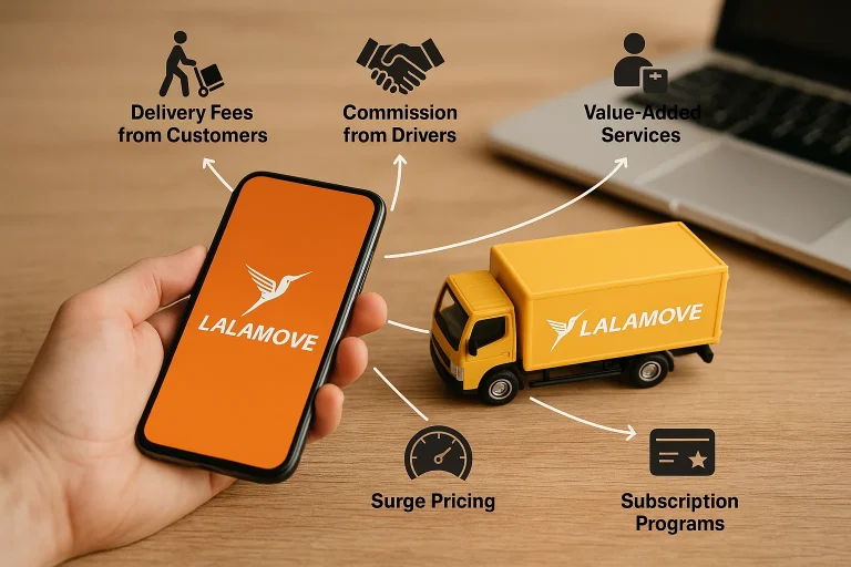 Infographic showing how Lalamove makes money through delivery fees, driver commissions, value-added services, surge pricing, and subscription programs.