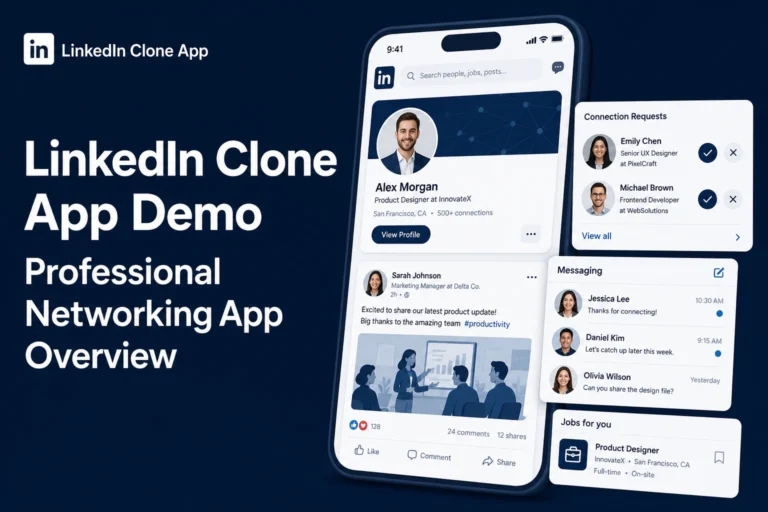 LinkedIn clone app demo showing a professional networking mobile app with profile feed, connection requests, messaging, and job recommendations.