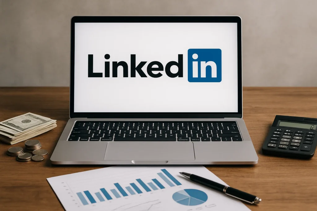Laptop displaying LinkedIn logo with money, coins, calculator, and financial charts on desk.