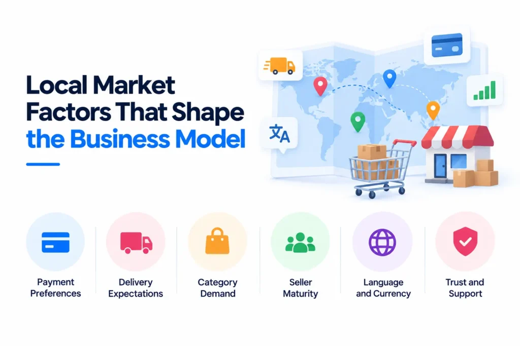 Regional Ecommerce Marketplace Business Model: How Sellers, Buyers, Logistics, and Local Markets Connect 2 Local market factors shaping an ecommerce marketplace business model including payments, delivery, category demand, sellers, language, currency, and trust