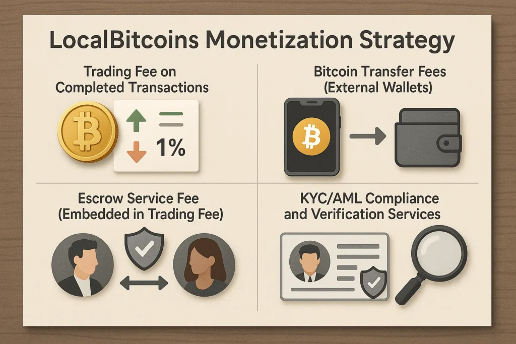 Infographic showing LocalBitcoins monetization strategy including trading fees, escrow, transfer, and KYC services