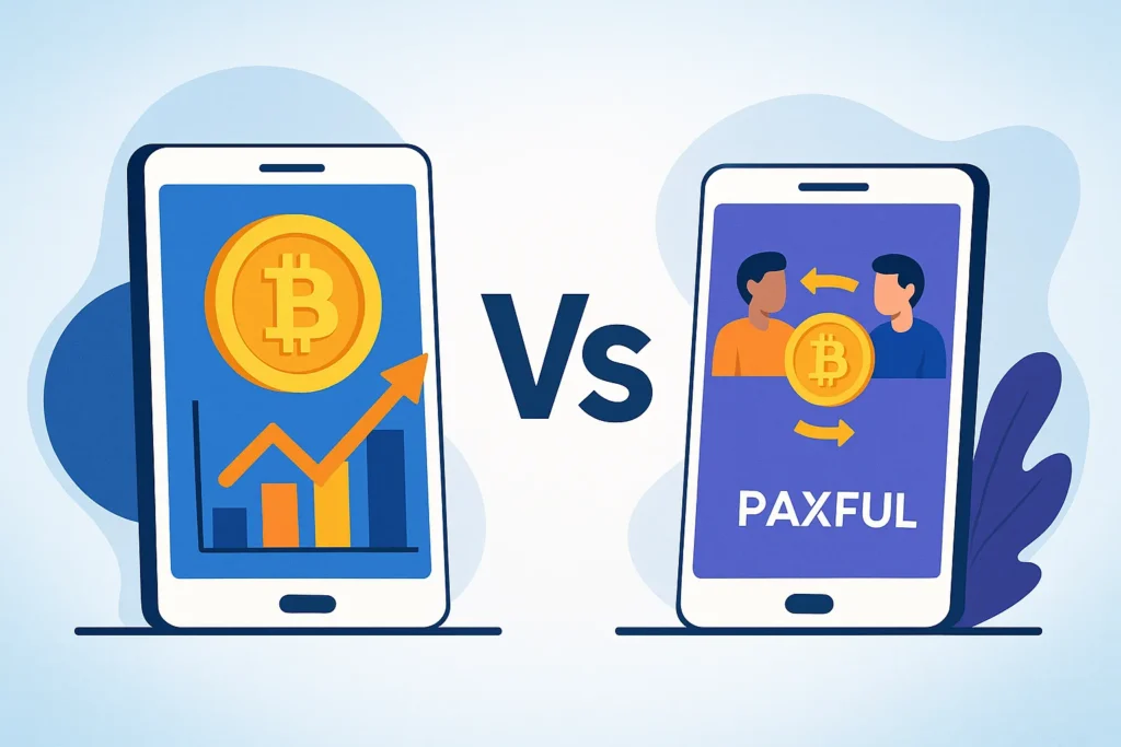Illustration of LocalBitcoins and Paxful mobile apps in a P2P cryptocurrency exchange comparison