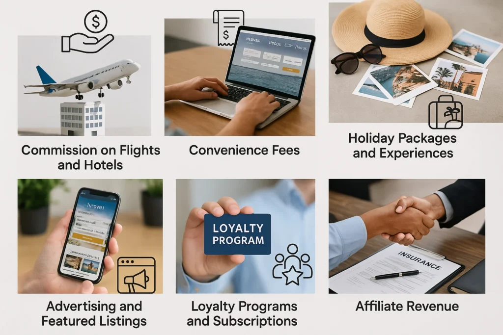 "Visual breakdown of MakeMyTrip's revenue model including commission, convenience fees, holiday packages, ads, loyalty programs, and affiliate revenue"