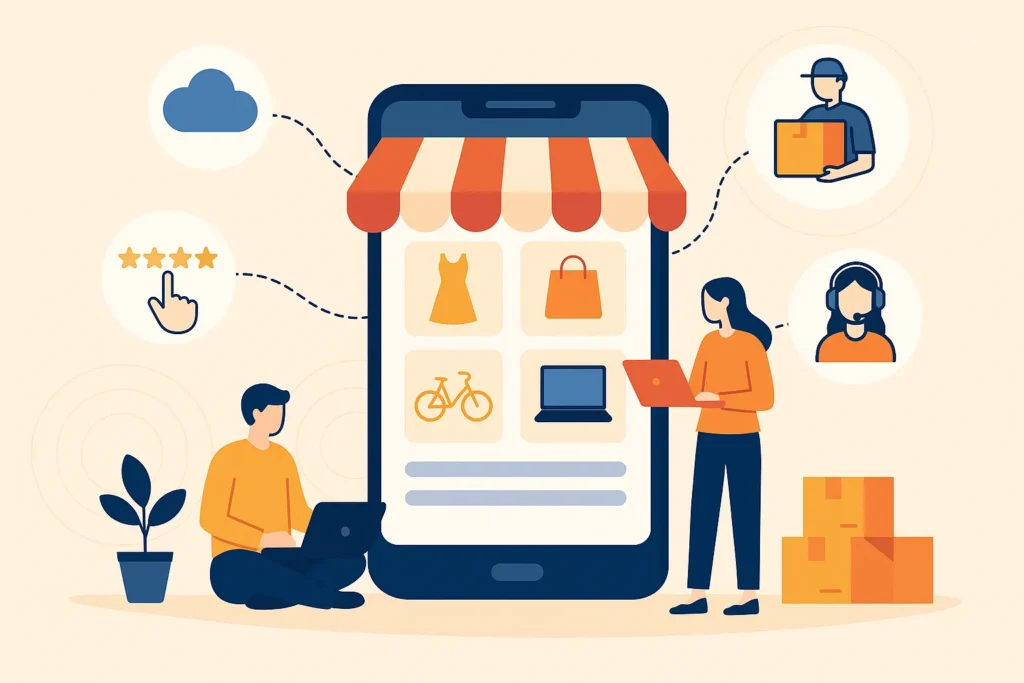 Illustration of a digital marketplace app displaying various service icons with people interacting, representing profitable app ideas for 202