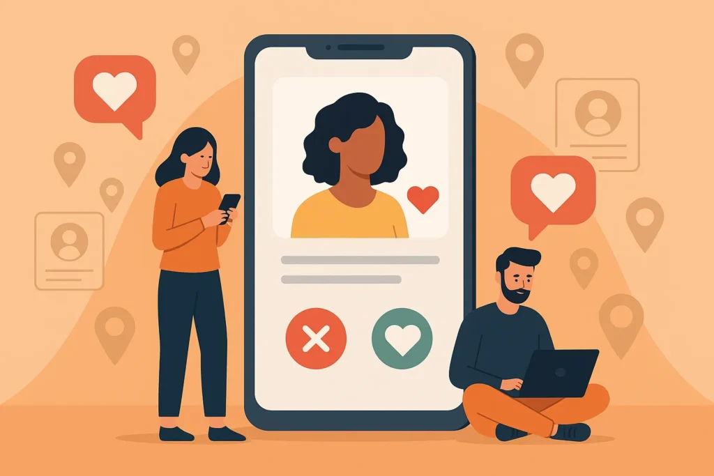 Illustration of a dating app interface on a smartphone with users and heart icons, representing top dating app ideas for 2025.