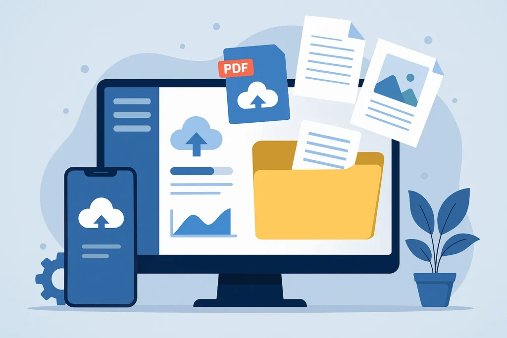 Illustration of computer and smartphone transferring files to the cloud, representing a modern file-sharing app for startups in 202